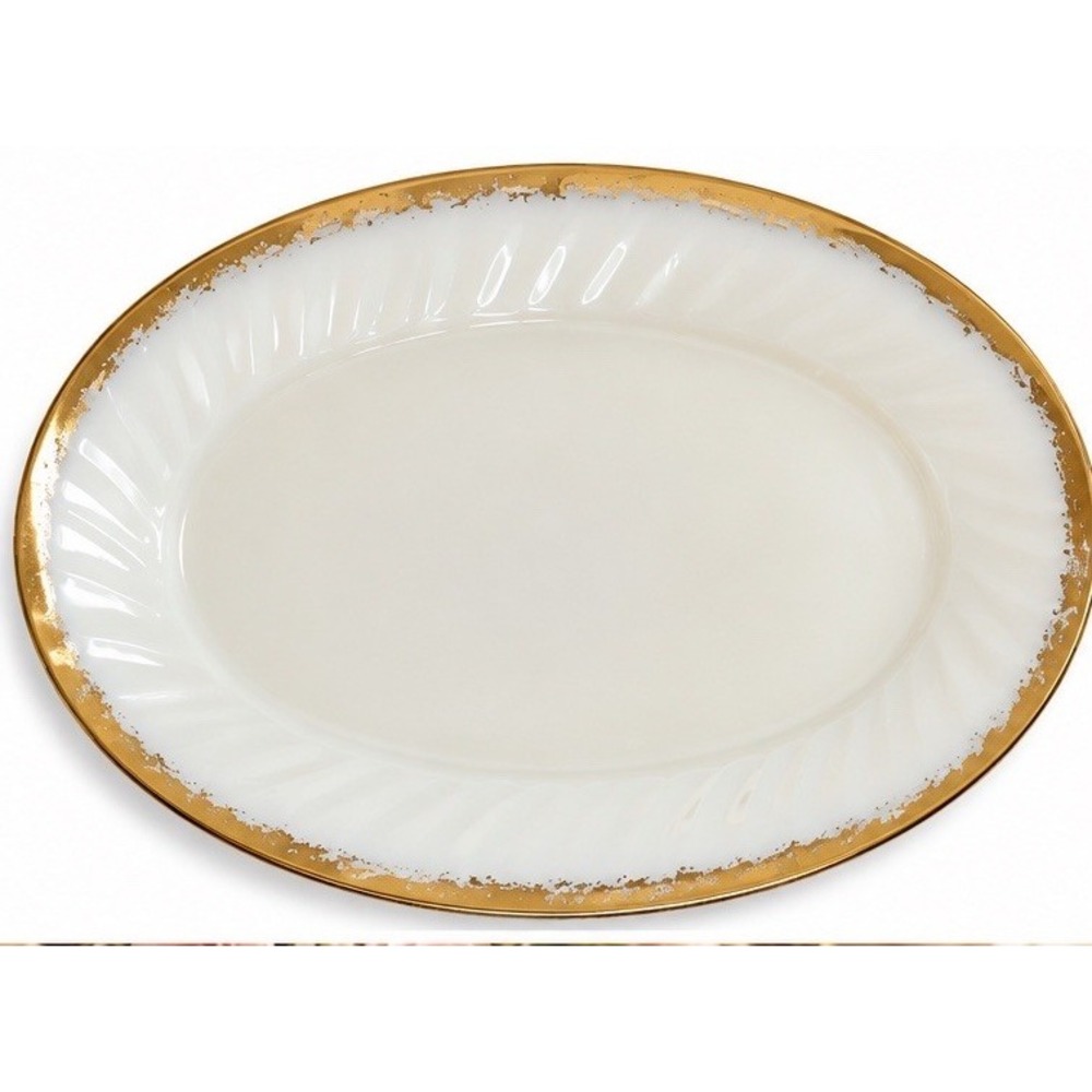 Vintage Fire-King Milk Glass Oval Serving Platter Gold Trim 12" Made in USA